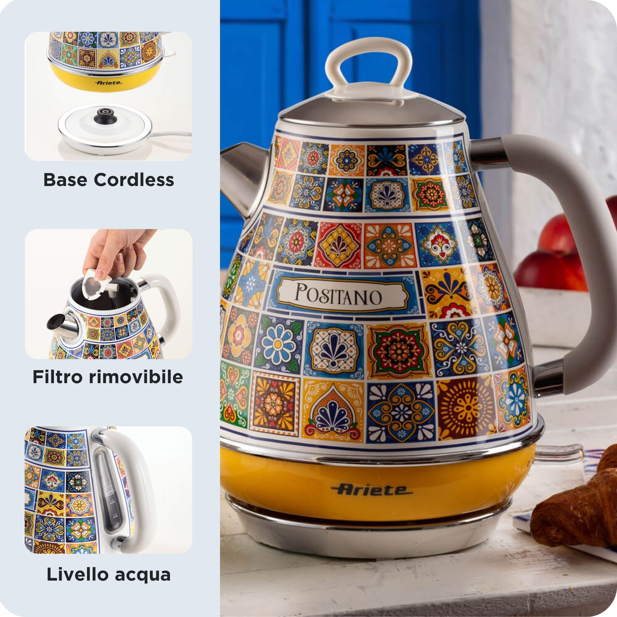 Ariete Vintage Wasserkocher Positano 1,7 l 2200 W Blau, Gelb