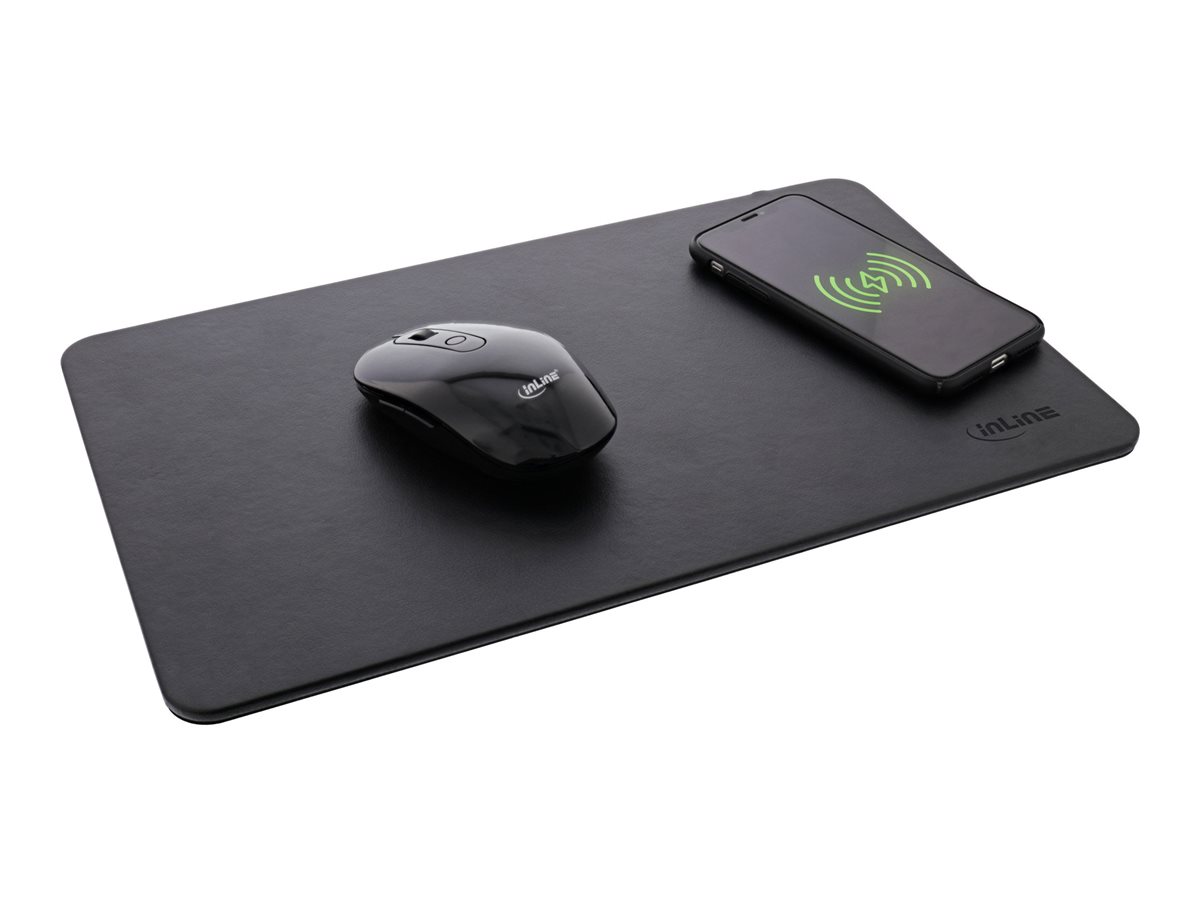 InLine Mauspad mit Wireless Charging (Qi), 10 W, Kunstleder, 370x225x7mm, Schwarz