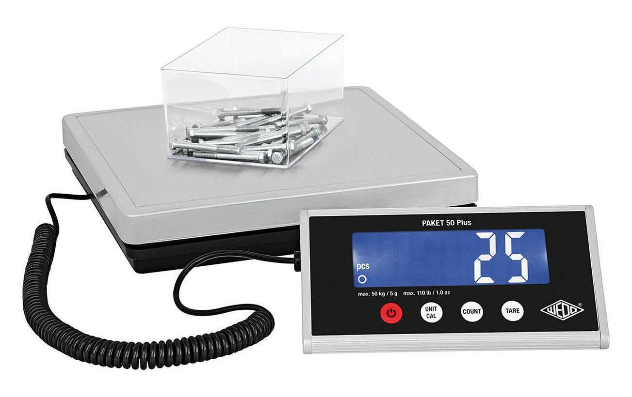 WEDO Paket 50 Plus Paketwaage 50 kg mit LCD-Anzeige Edelstahl-Wiegeteller Silber/Schwarz