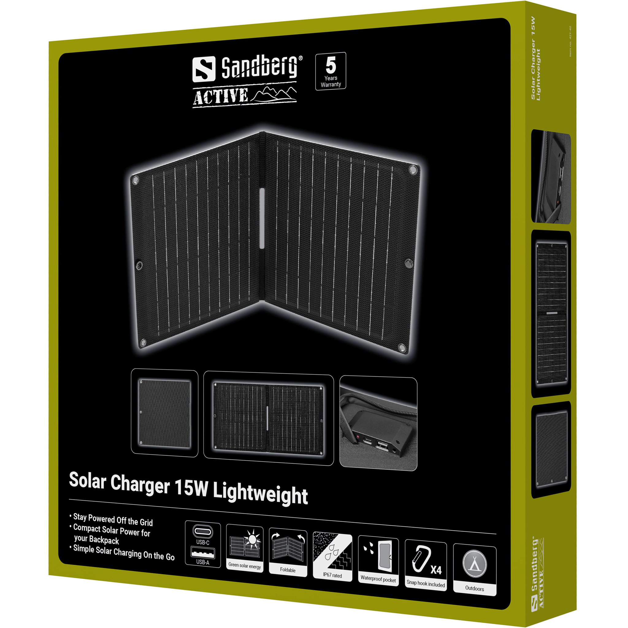 Sandberg 421-42 Solarladegerät 15 W Lightweight USB-A/C IP67 Schwarz