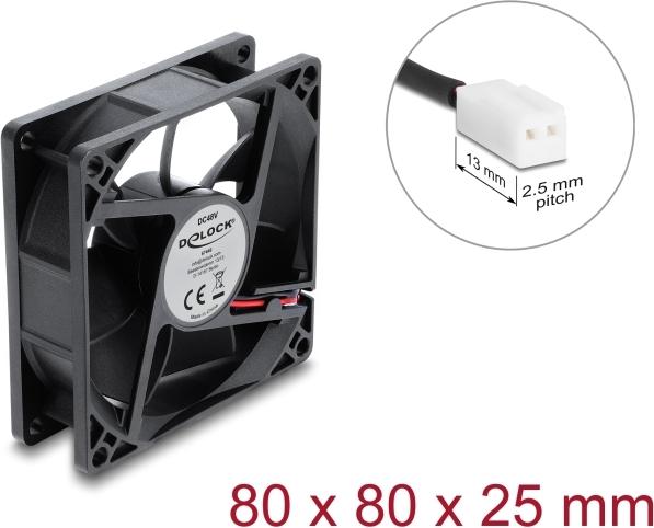 Delock Axiallüfter 48 V DC, 80 x 80 x 25 mm mit 2 Pin Lüfteranschluss schwarz (67446)