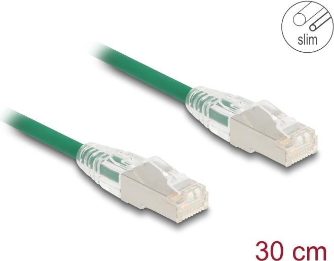 Delock RJ45 Netzwerkkabel Cat.6A Stecker zu Stecker mit gebogener Rastnase U/FTP Slim 0,3 m grün (80363)