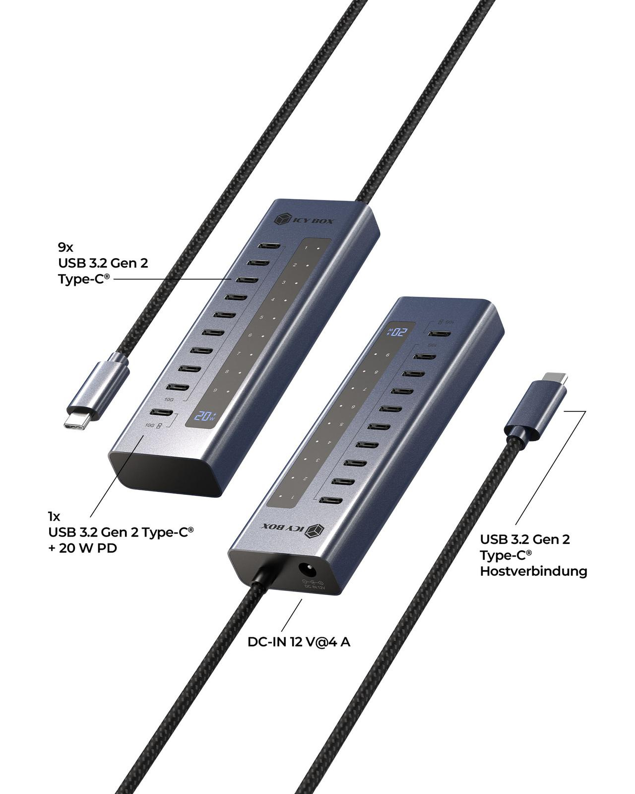 ICY BOX IB-HUB1450-C31 USB-Hub 10x USB-C 3.2 Gen 2 bis 10 Gbit/s 48W Netzteil PD 20W Anthrazit