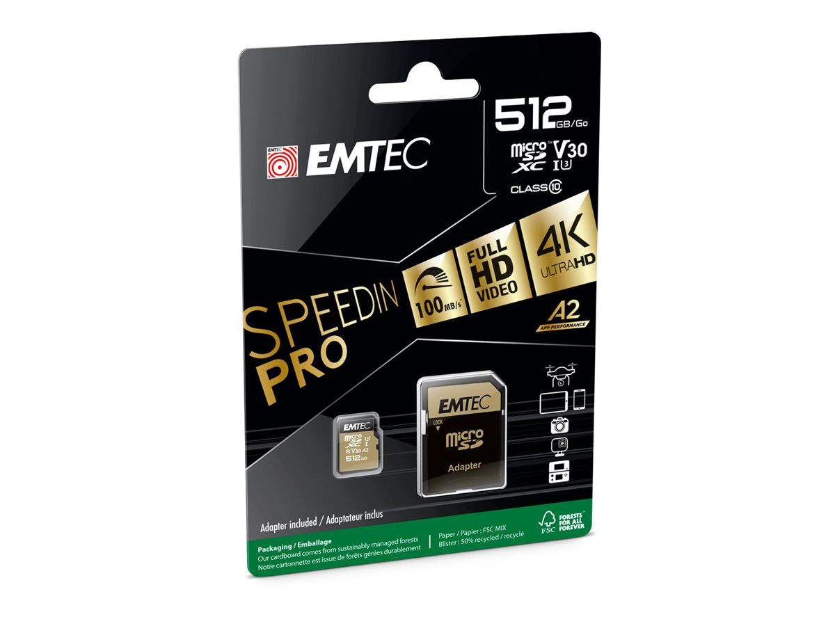 Emtec SpeedIN' PRO ECMSDM512GXC10SP 512 GB MicroSDXC UHS-I Klasse 10 Schwarz, Gold