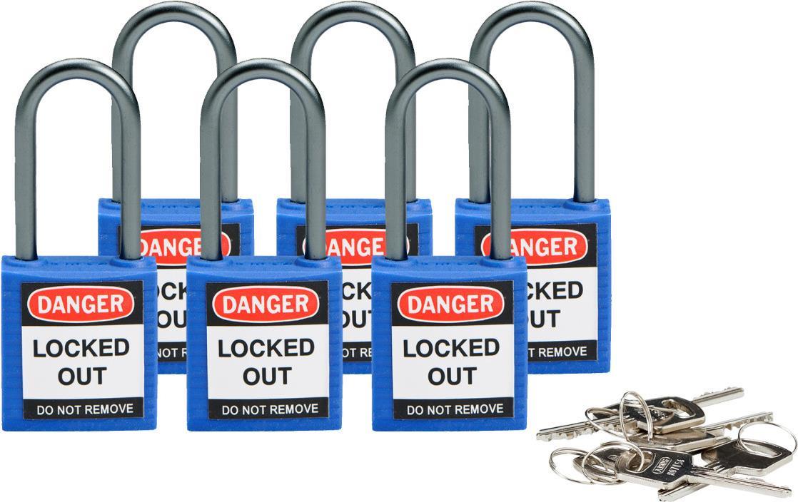 Brady, kompaktes Sicherheitsschloss Nylon, Blau, 38mm Bügelhöhe, 4,7mm Aluminium-Schließbügel (Keyed Different) (6er Pack) (814124)