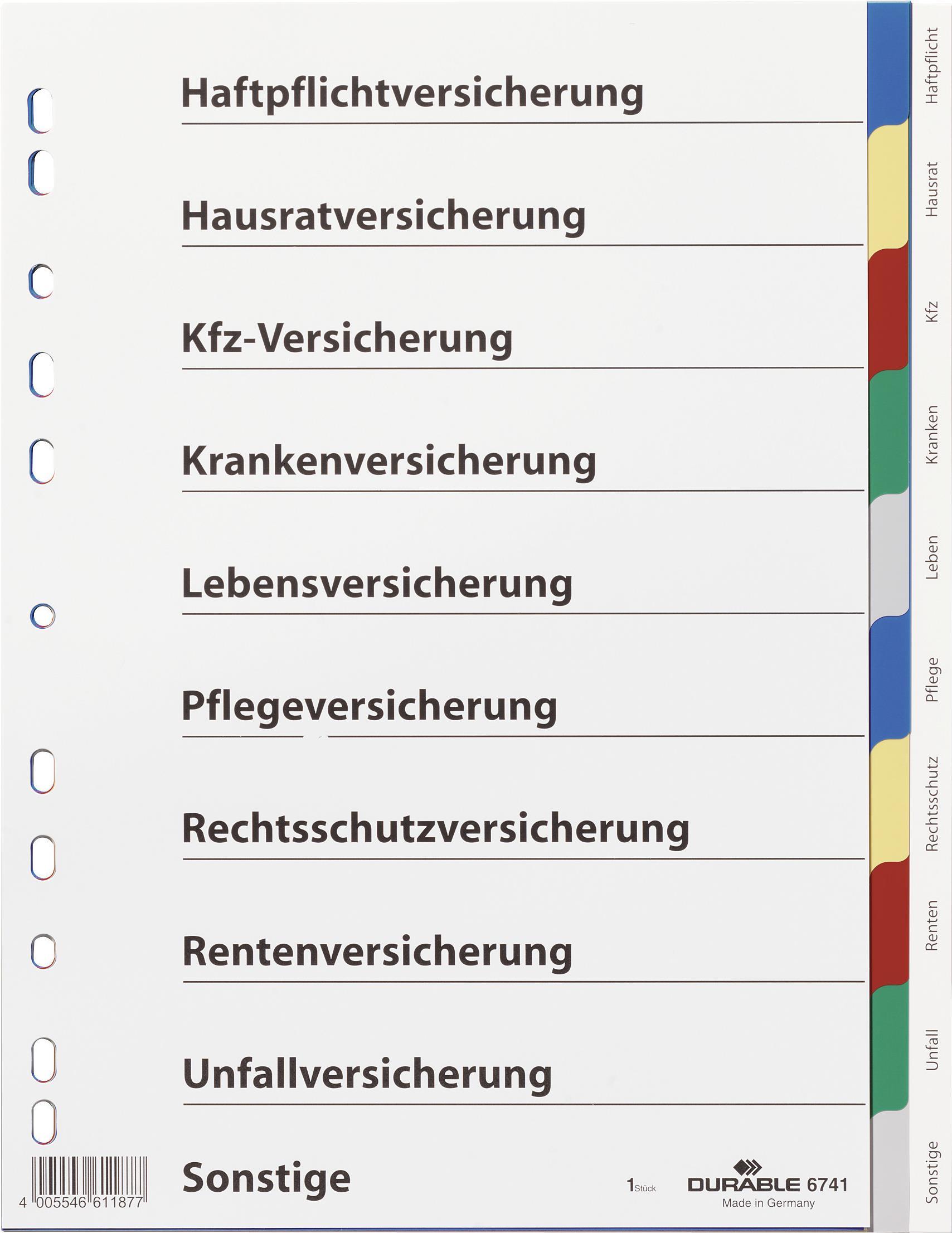 DURABLE Register A4 10-tlg. mit farbigen Taben mit Indexblatt Versicherungen PP 25 ST 674127