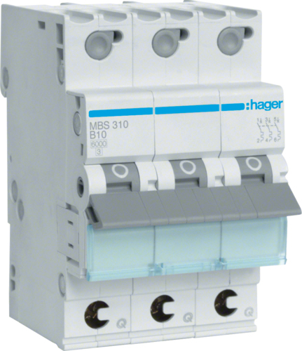 Hager MBS310. Nennstrom: 10 A, AC Eingangsfrequenz: 50/60 Hz. Typ: B-type, Module Menge (max): 3 Modul(e). Breite: 52,5 mm, Tiefe: 70 mm, Höhe: 83,4 mm (MBS310)