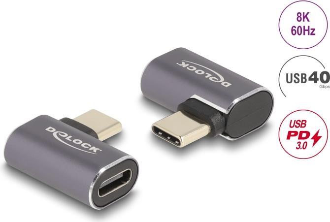 Delock USB Adapter 40 Gbps USB Type-C™ PD 3.0 100 W Stecker zu Buchse gewinkelt links / rechts 8K 60 Hz Metall (60047)