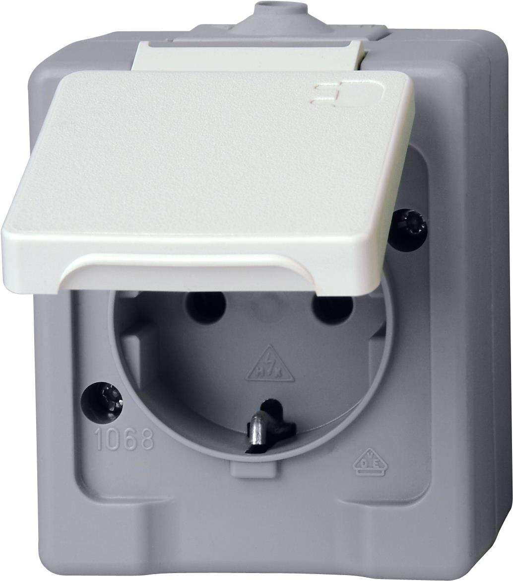 Kopp 100648007. Buchsen-Typ: Typ F, Anzahl der Pole: 2P, Unterstützte Stecker-Typen: CEE 7/4. Produktfarbe: Grau, Weiß, Internationale Schutzart (IP-Code): IP44. Eingangsspannung: 250 V, Stromstärke (maximal): 16 A (100648007)