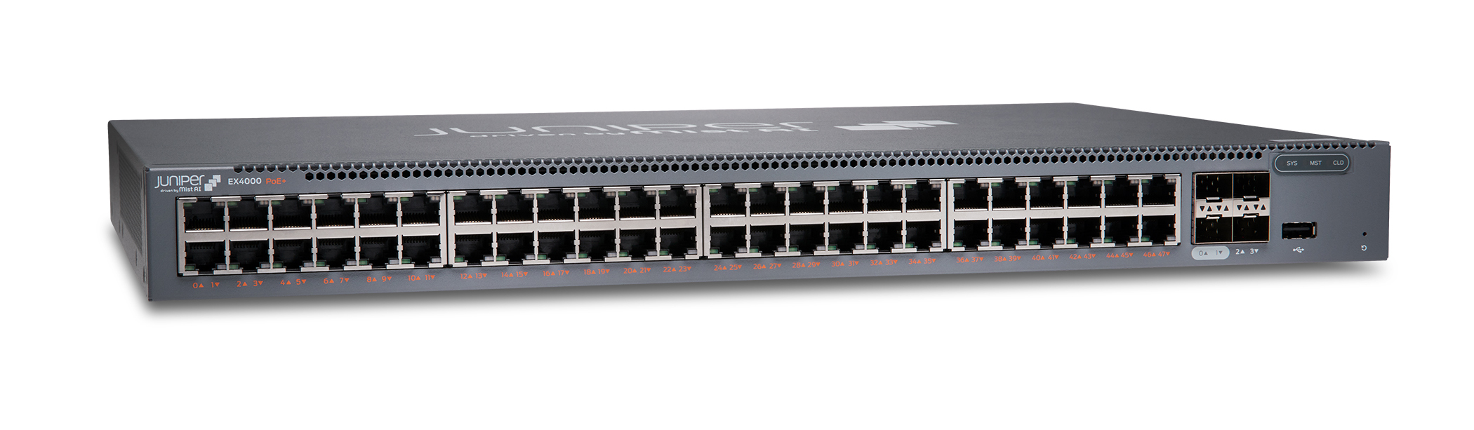 Juniper EX4000-48P Managed Switch L2/L3 48-Port PoE+ 4x SFP+ 176 Gbit/s Grau