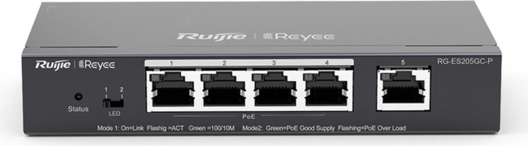 Ruijie Networks RG-ES205GC-P. Switch-Typ: Managed, Switch-Ebene: L2. Basic Switching RJ-45 Ethernet Ports-Typ: Gigabit Ethernet (10/100/1000), Anzahl der basisschaltenden RJ-45 Ethernet Ports: 5. MAC-Adressentabelle: 2000 Eintragungen, Routing-/Switching-Kapazität: 10 Gbit/s. Netzstandard: IEEE 802.3af, IEEE 802.3at. DC input Spannung: 54 V. Power over Ethernet (PoE) (RG-ES205GC-P)