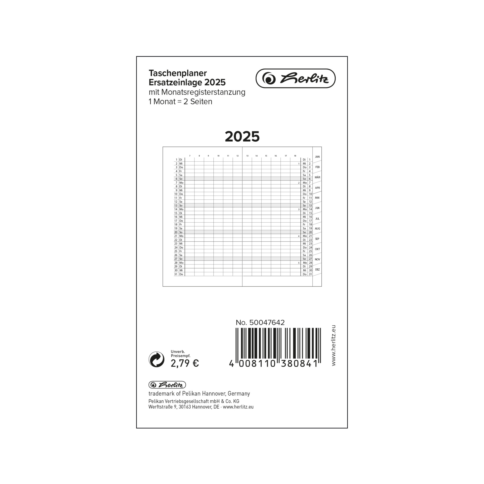 Herlitz Taschenplaner 2025 Monatsregisterstanzung Geheftet Schwarz