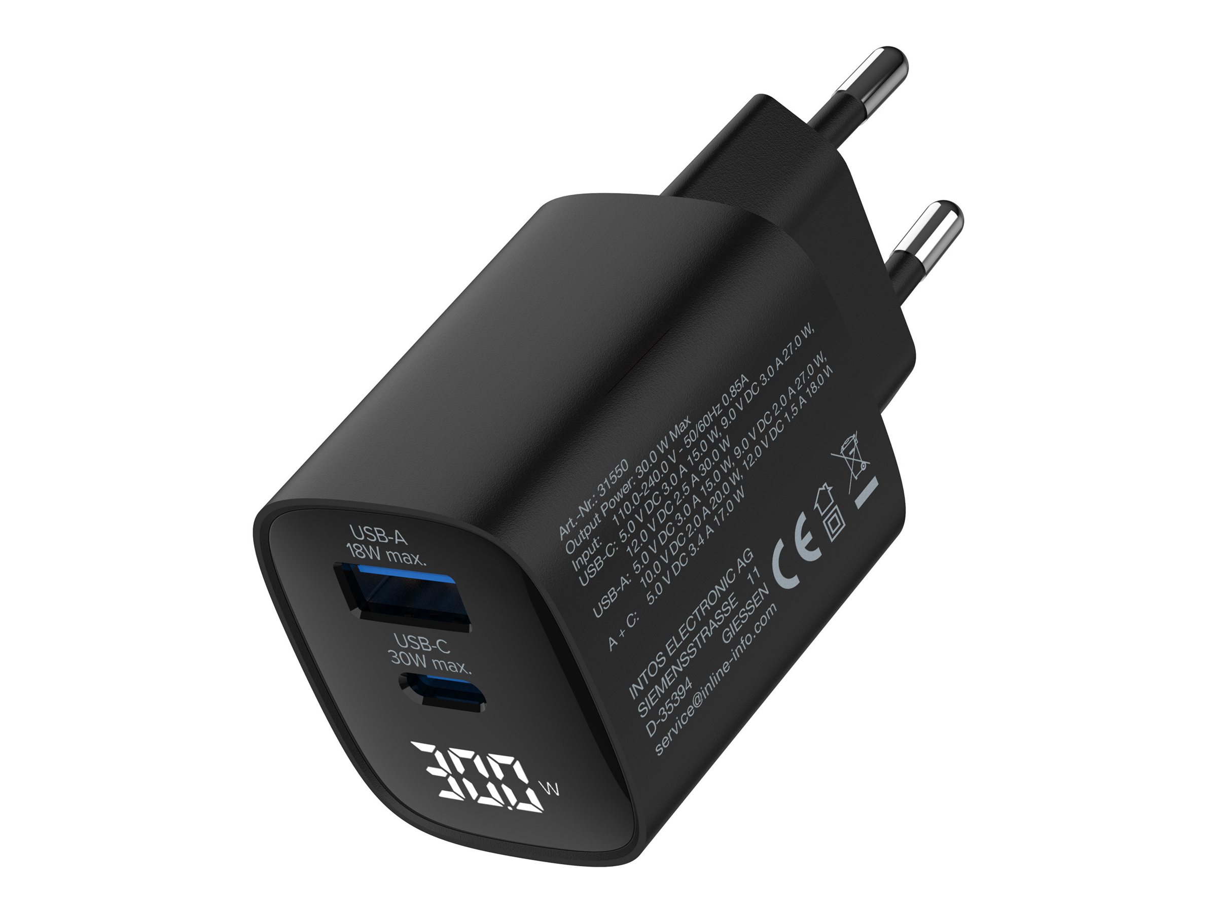 InLine GaN Netzteil USB-C + USB-A 30 W mit Display Schwarz
