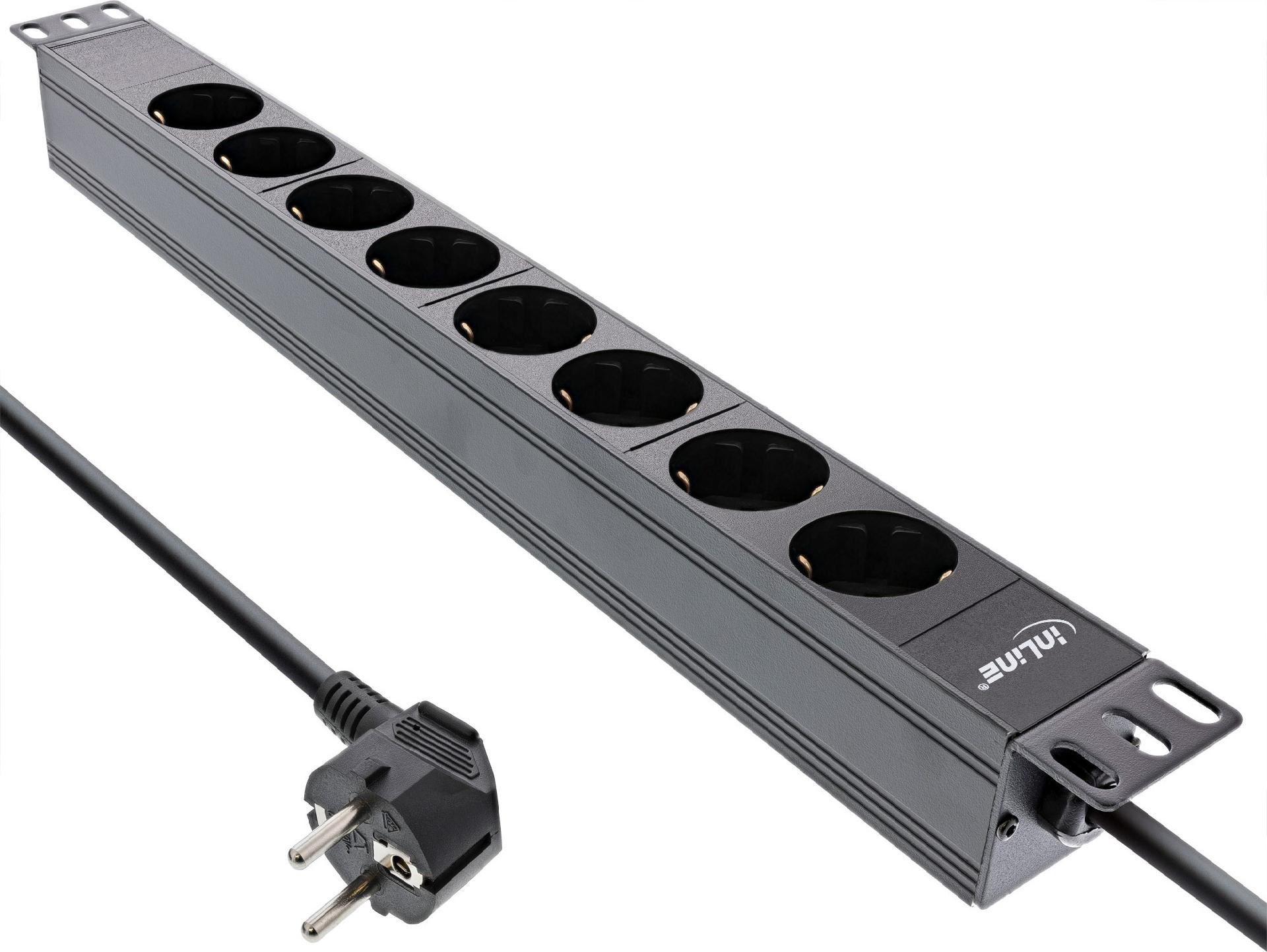 InLine 19" Steckdosenleiste 8-fach Schutzkontakt ohne Schalter 2m 3680W Aluminium Schwarz