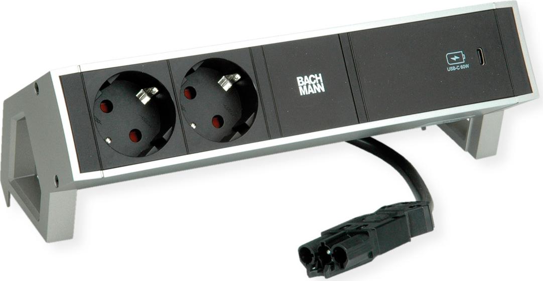 Bachmann DESK2 Steckdosenleiste INOX mit erhöhtem Berührungsschutz 2xSchutzkontaktsteckdosen schwarz 1xUSB C 60W Charger Zuleitung 0,2m H05VV-F3G1,5mm² schwarz mit GST18i3 Stecker inkl. Haltewinkel Logo verpackt im Karton (902.903)