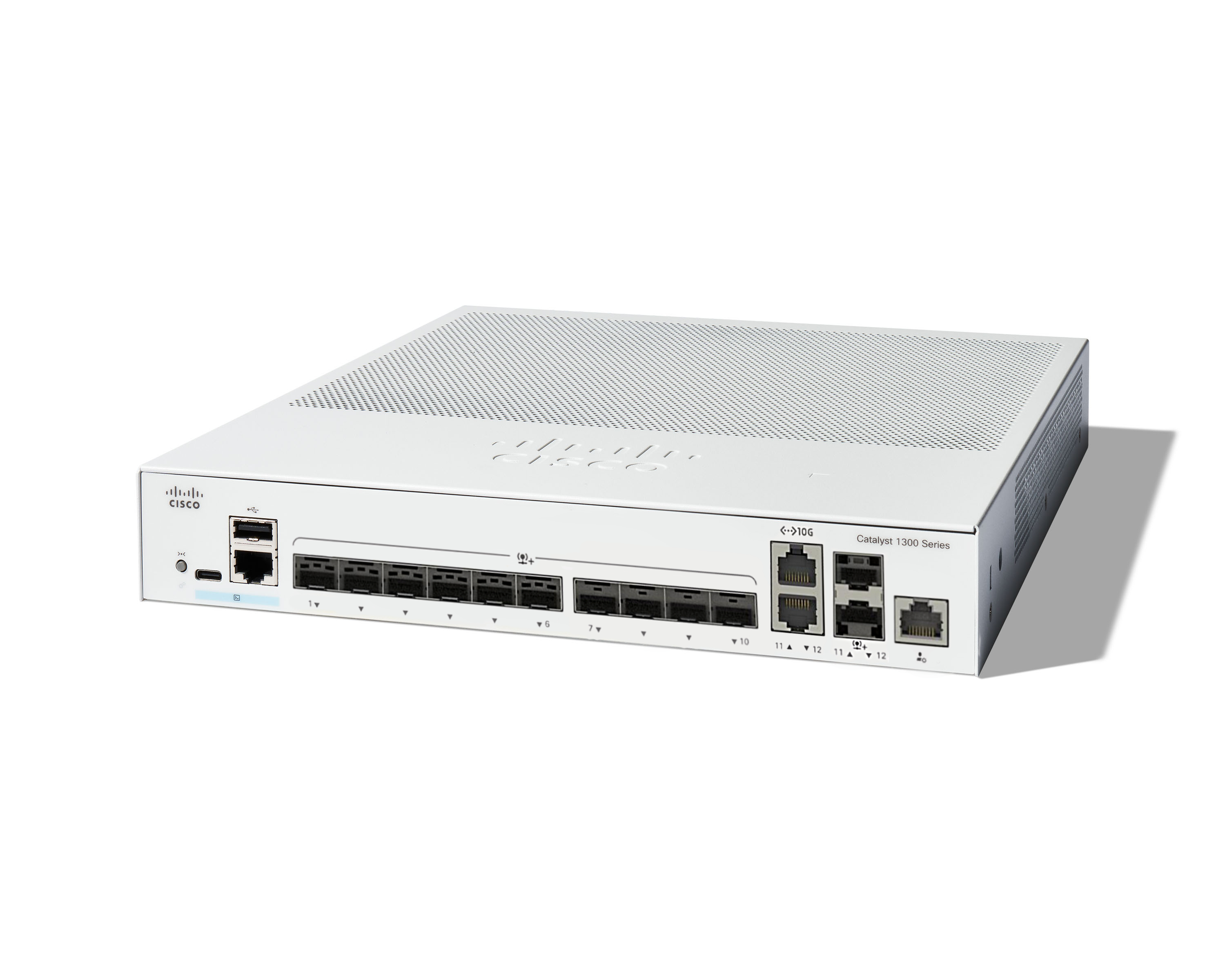Cisco Catalyst 1300-12XS Managed L2/L3 Smart Switch, 12 Ports, 10x 10Gb SFP+ + 2x Combo, PoE, Weiß