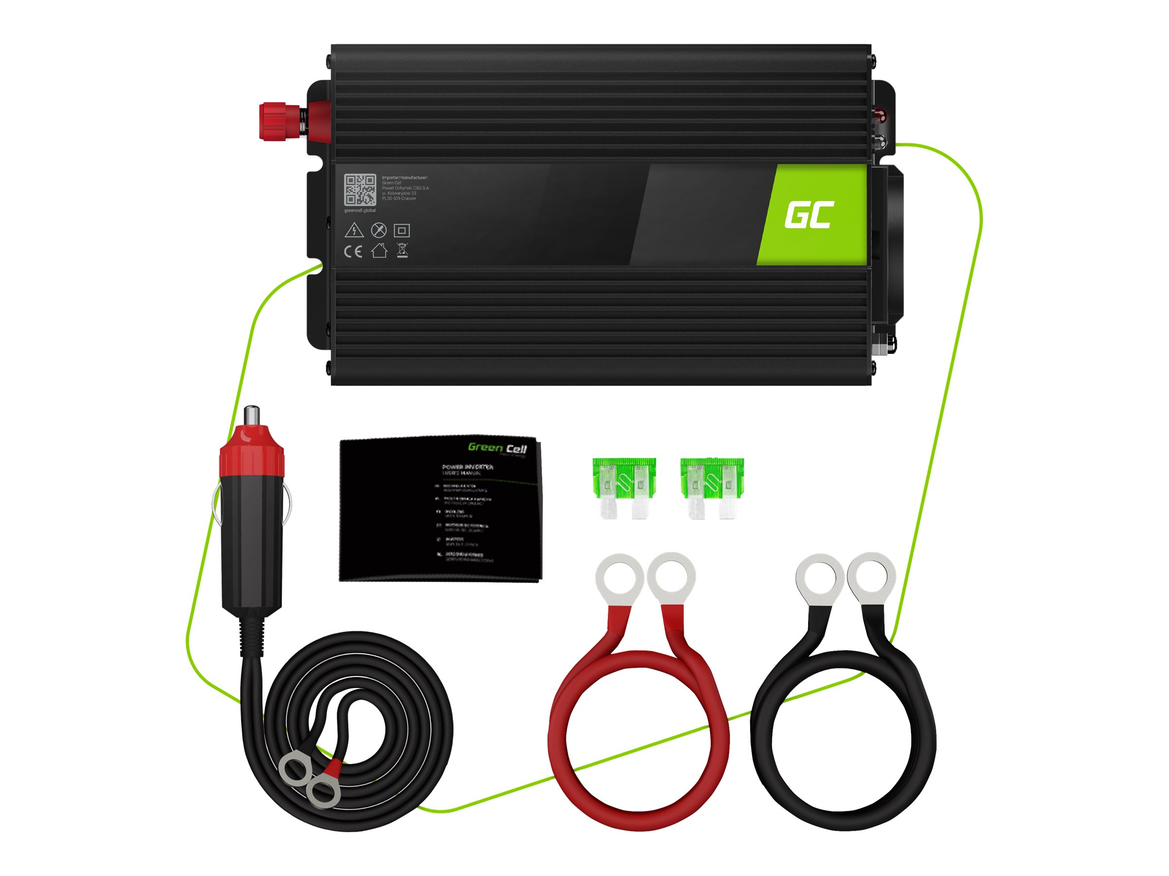Green Cell INV05DE Wechselrichter 12 V auf 230 V 300 W Schwarz