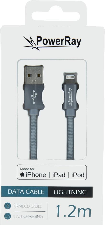 PowerRay Data Cable PR-DCUL120TGY, USB / LIGHTNING MFi, 1.2 m, Textile grey, Blister (PR-DCUL120TGY)