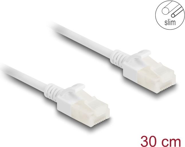 Delock RJ45 Netzwerkkabel Cat.6A Stecker zu Stecker mit robuster Rastnase Industrietauglich U/UTP Slim 0,3 m weiß (80357)