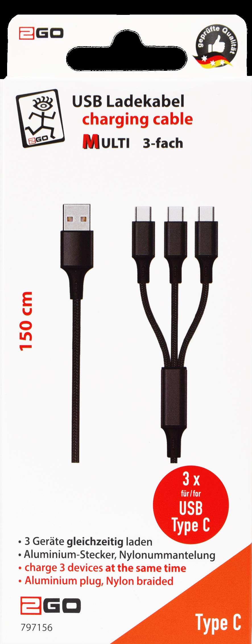 2GO 797156 USB-Kabel 1,5 m USB B auf 3x USB C Schwarz