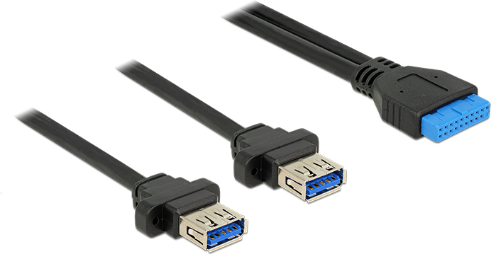 Delock Kabel USB 3.0 Pfostenbuchse 2,00 mm 19 Pin > 2 x USB 3.0 Typ-A Buchse zum Einbau 80 cm (85244)