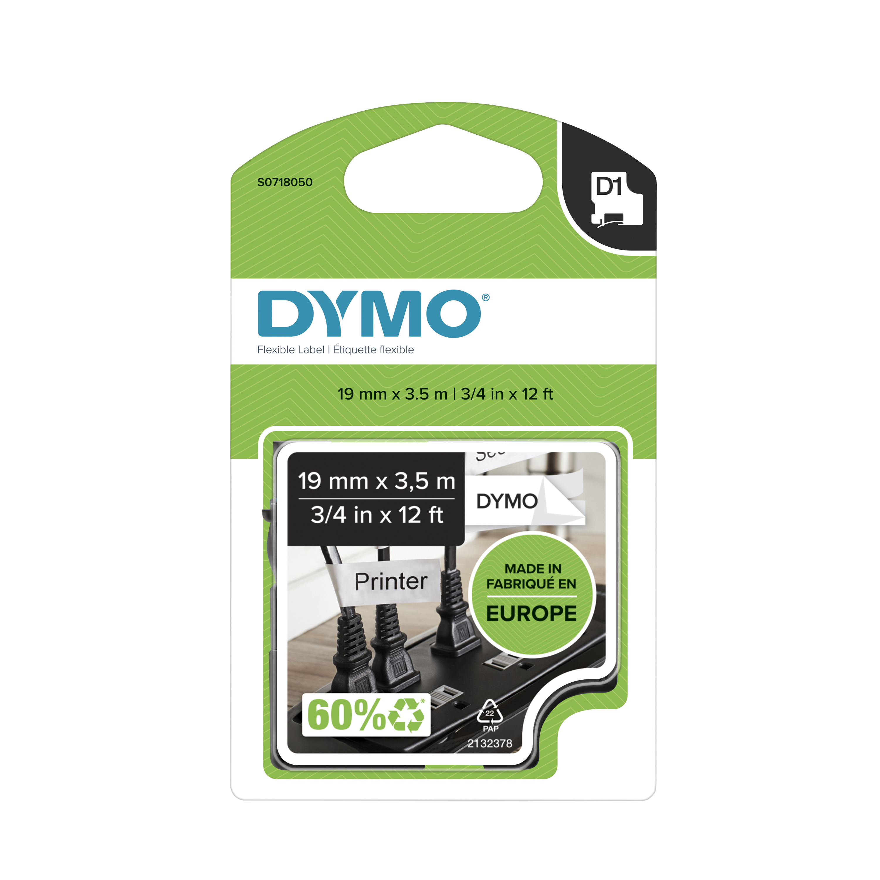 Dymo D1 Durable Etikettenband 12 mm x 3,5 m Nylon Schwarz auf Weiß