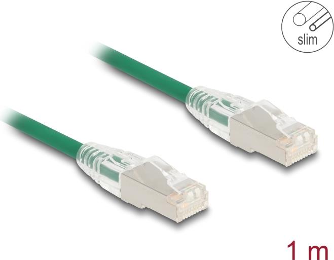 Delock RJ45 Netzwerkkabel Cat.6A Stecker zu Stecker mit gebogener Rastnase U/FTP Slim 1 m grün (80365)