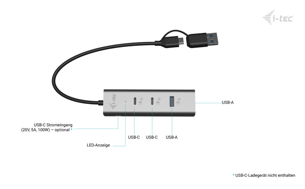 i-tec Universal Charging Metal HUB 2x USB-C + 2x USB-A Power Delivery 85W Silber