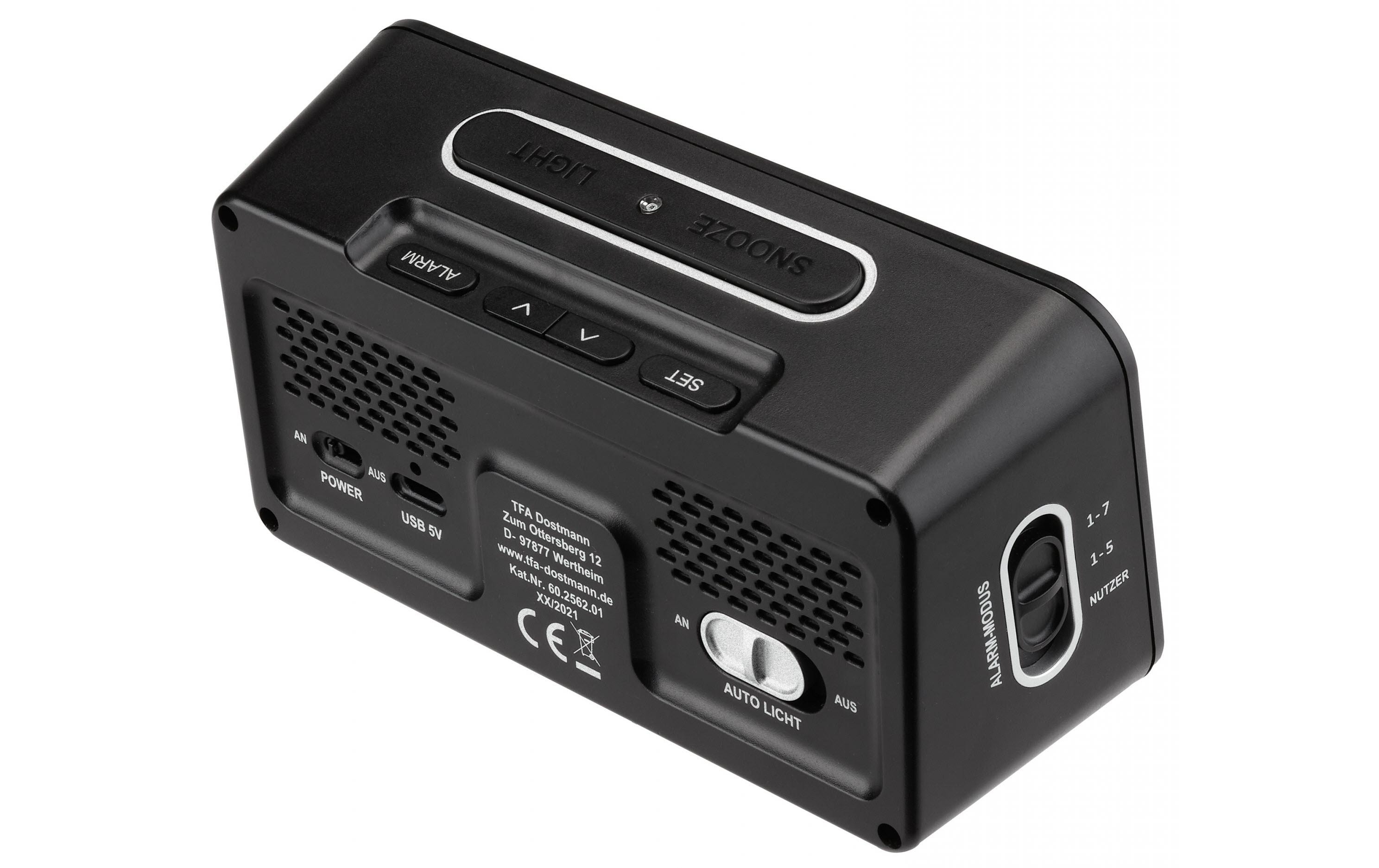 TFA Dostmann Boxx2 Funkwecker LED 2 Alarmzeiten Akkubetrieb Schwarz, Silber