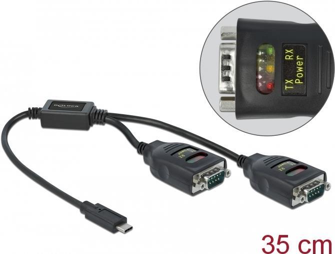 Delock Adapter USB Type-C to 2 x Serial RS-232 DB9 with 15 kV ESD protection (90494)