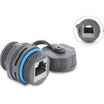 Delock Kabelverbinder RJ45 Buchse zu RJ45 Buchse Cat.6A mit M23.5 x 1,5 mm Gewinde und Verschlusskappe IP68 staub- und wasserdicht grau (87157)