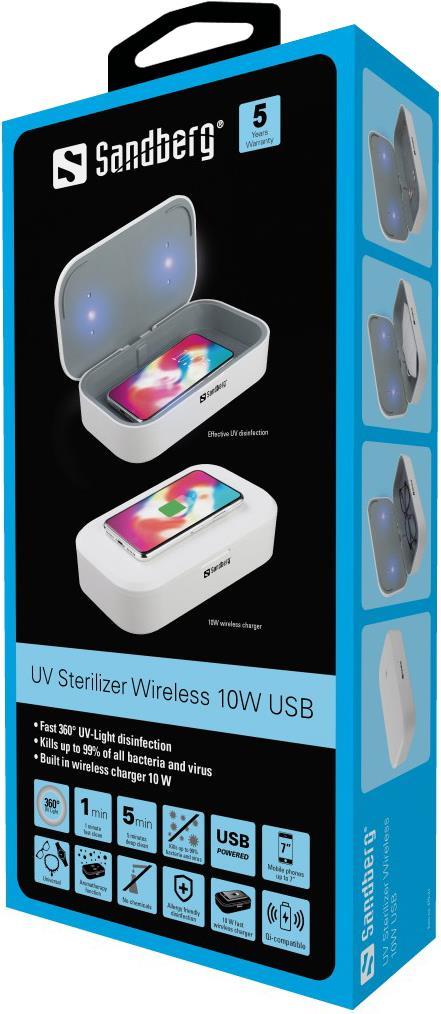 Sandberg UV Sterilizer Wireless 10W USB. Produktfarbe: Weiß, Ultraviolette (UV) Wellenlänge: 280 nm. Energiequelle: USB, Leistung: 10 W. Breite: 210 mm, Tiefe: 120 mm, Höhe: 48 mm. USB Kabellänge: 0,8 m (470-31)