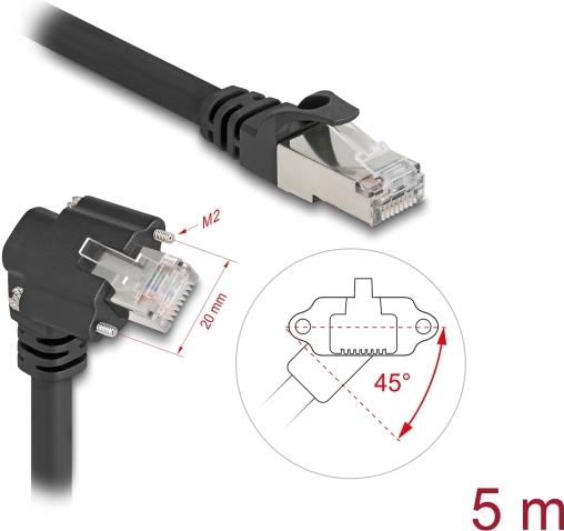 Delock GigE Kamera Kabel RJ45 Stecker 45° gedreht und 90° gewinkelt mit Schrauben zu RJ45 Stecker Cat.6 S/FTP 5 m schwarz (80920)