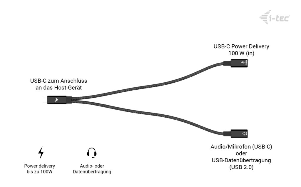 i-tec USB-C Kabel-Splitter Audio/Daten + Power Delivery 100 W, 30 cm, Schwarz