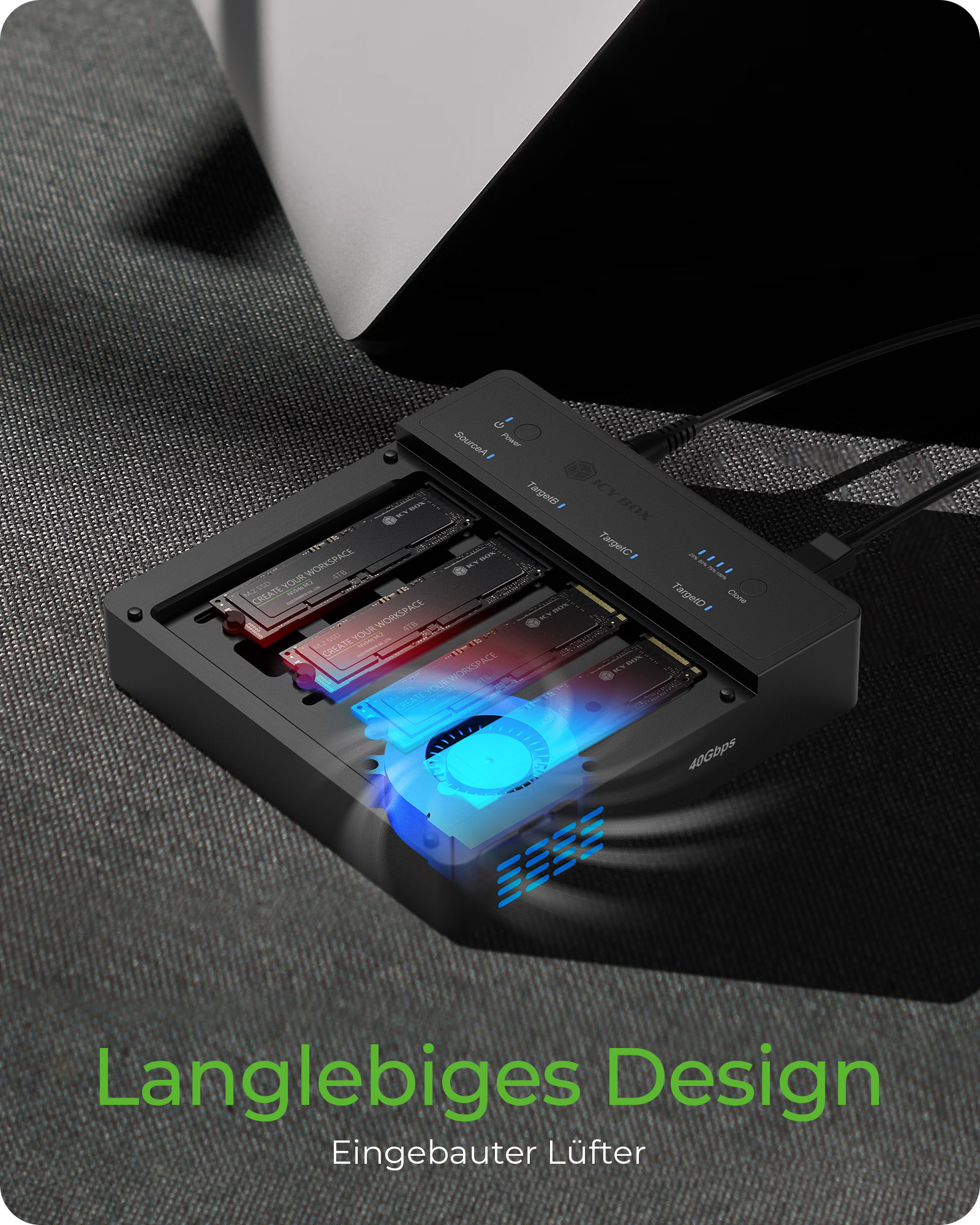 ICY BOX CloneStation IB-4013MCL-C4 Dockingstation SSD-Duplikator M.2 NVMe USB 4 Schwarz