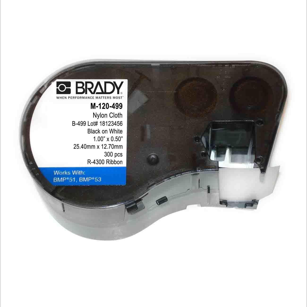 Brady, M-120-499, Nylongewebe, 12,7 x 25,4mm, Schwarz auf Weiß, mit Deckeletikett 9,53mm Durchmesser, permanent(240 E.) (143356)