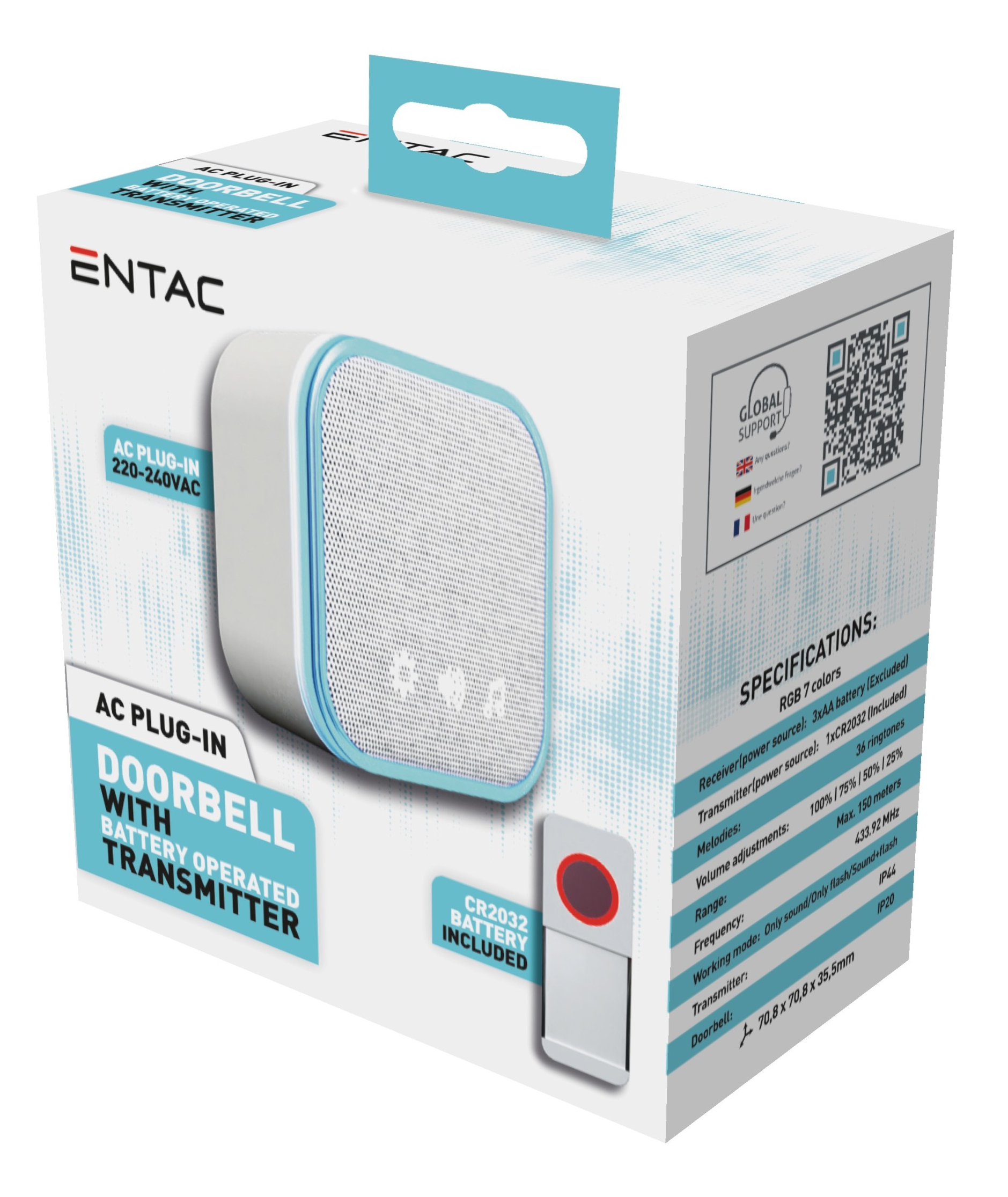 ENTAC Türklingel Kabellos AC Plug-in IP44 150 m Reichweite Weiß
