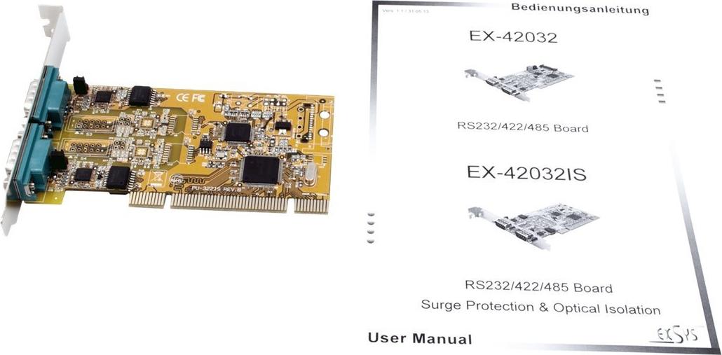 Exsys EX-42032IS PCI-X Serieller Adapter mit Überspannungsschutz, 2x RS-232/422/485, FTDI