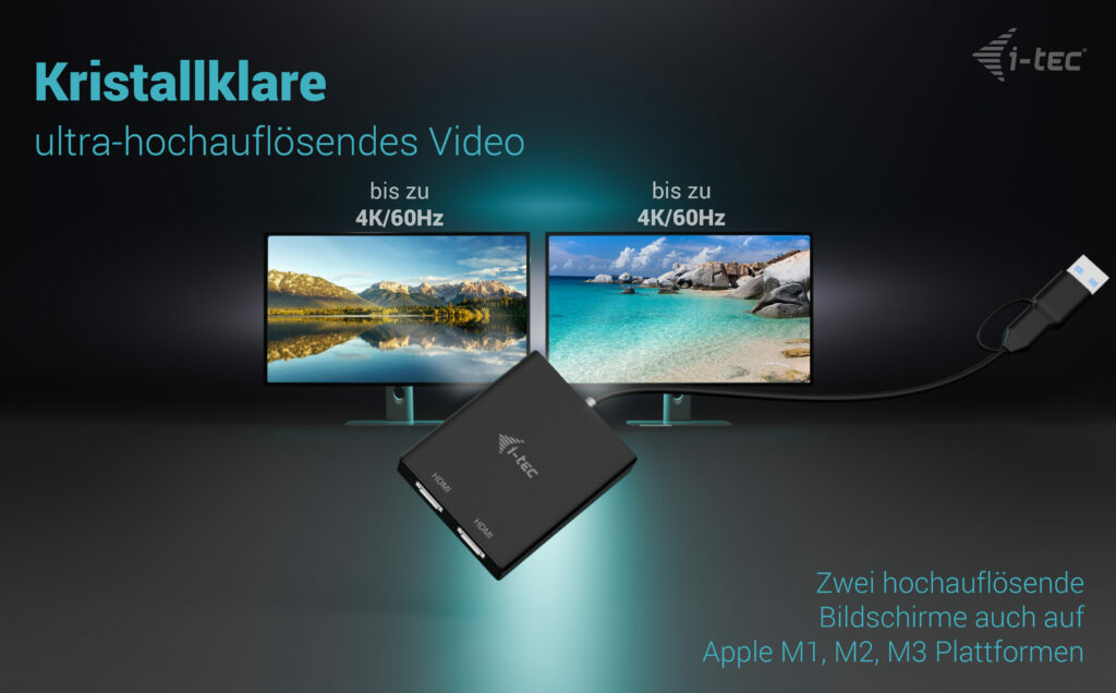 i-tec CADUAL4KHDMI Dual HDMI Videoadapter USB-A/USB-C 4K 60 Hz Schwarz
