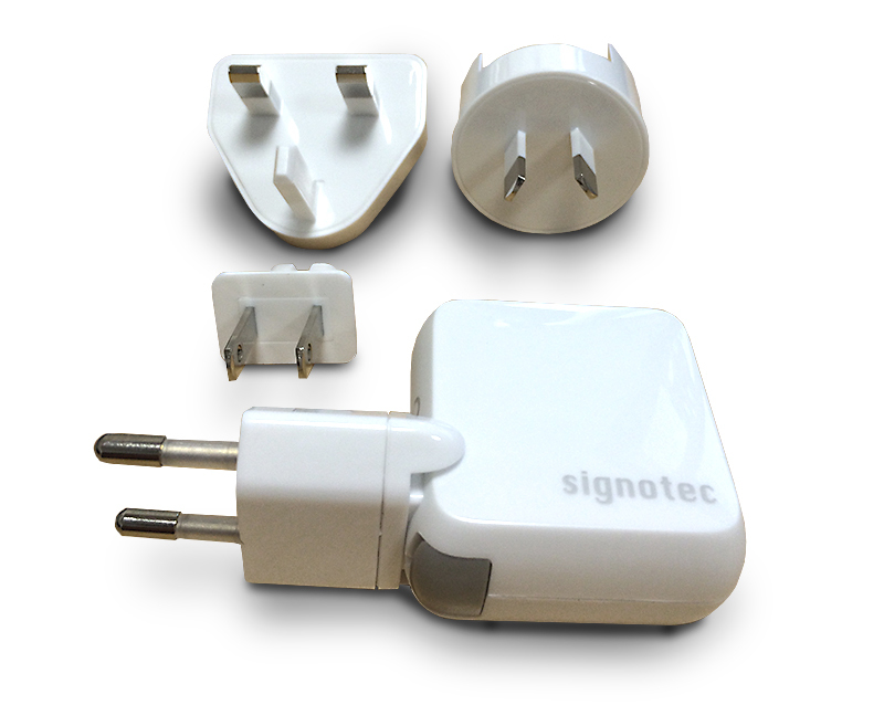 signotec USB Ladegerät 5V DC 2,1A mit 4 internationalen Steckern Weiß