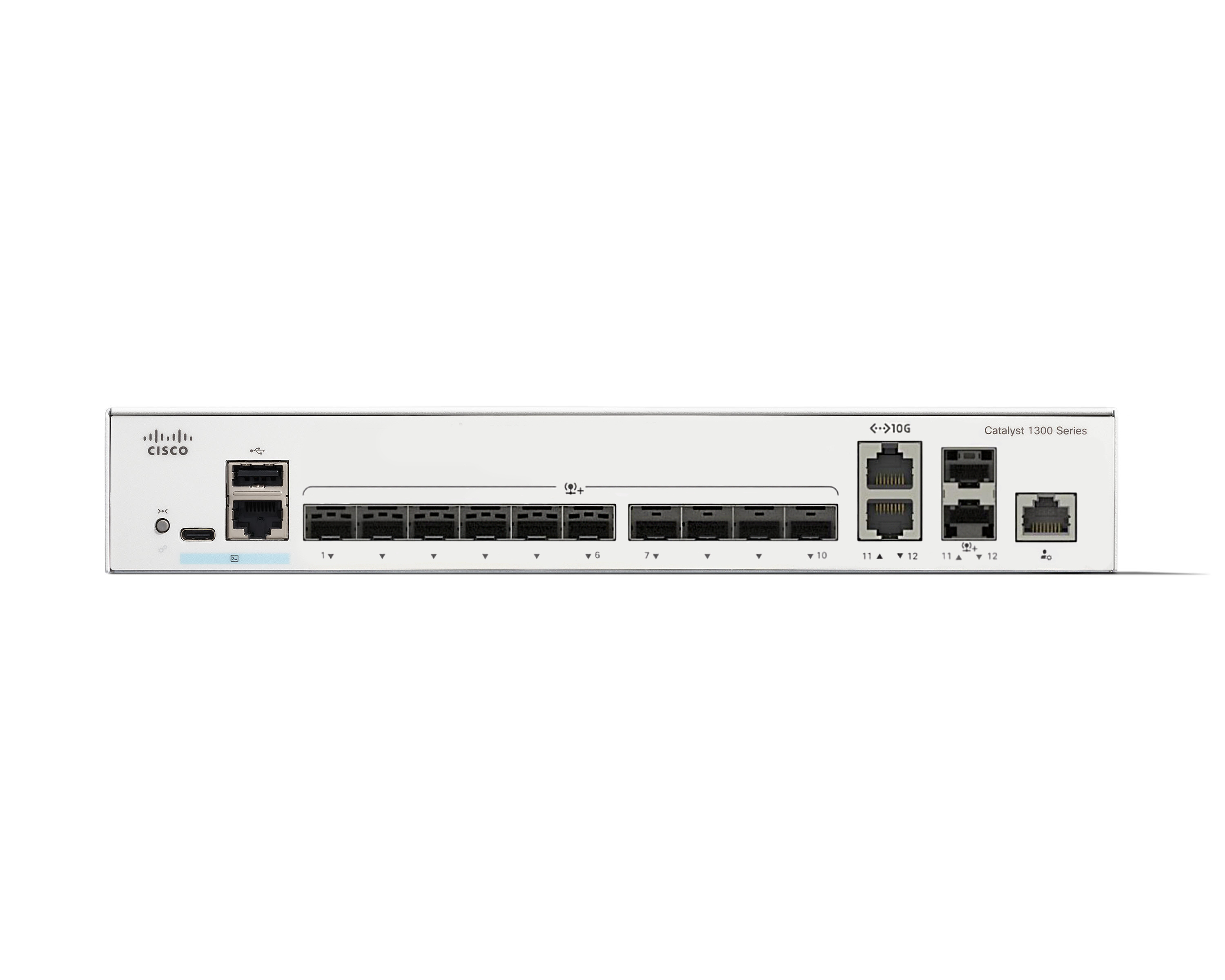 Cisco Catalyst 1300-12XS Managed L2/L3 Smart Switch, 12 Ports, 10x 10Gb SFP+ + 2x Combo, PoE, Weiß