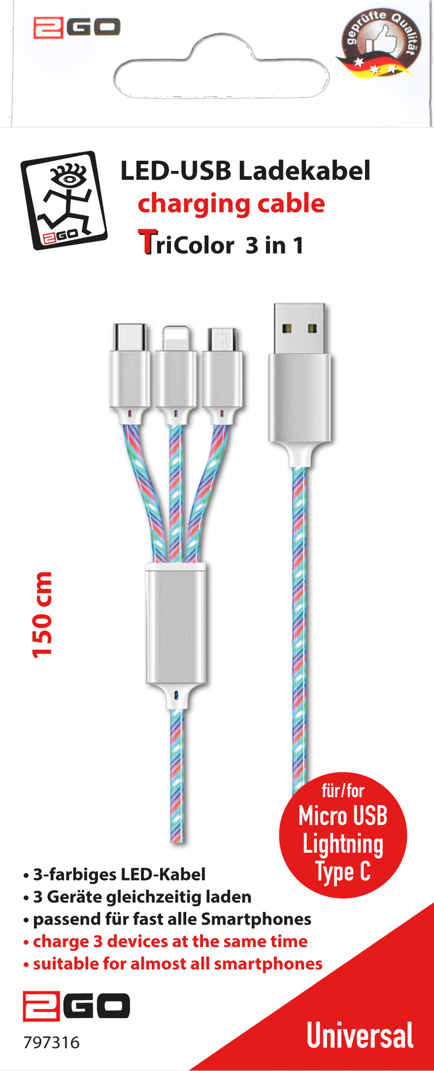 2GO 797316 USB Kabel 1,5 m USB B USB C/Micro-USB B/Lightning Mehrfarbig (797316)