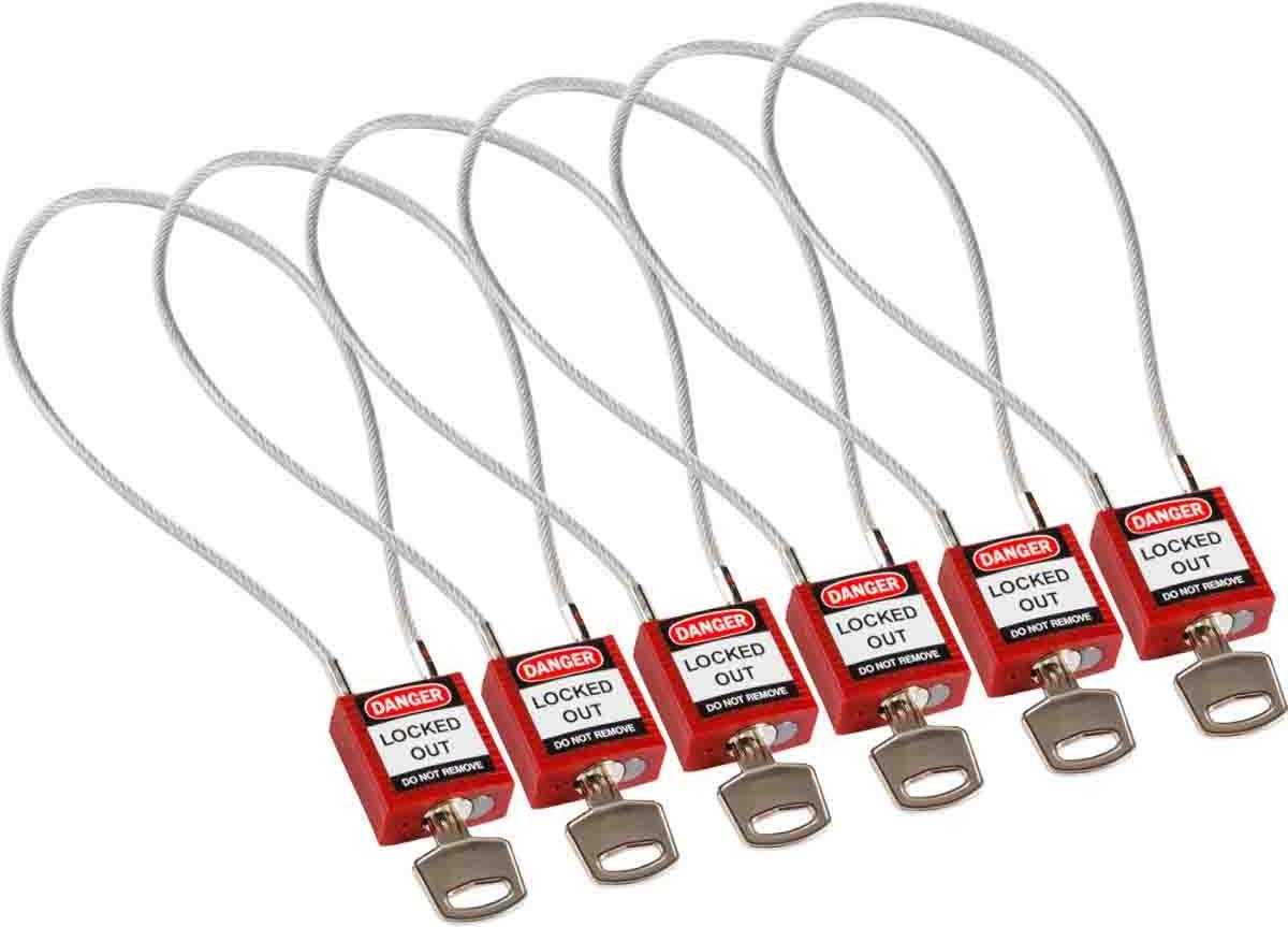 Brady, kompaktes Sicherheitsschloss Nylon mit Kabelbügel, Rot, 400mm Kabellänge, 4,7mm PVC-beschichtetes Kabel (Keyed Different) (6er Pack) (146132)