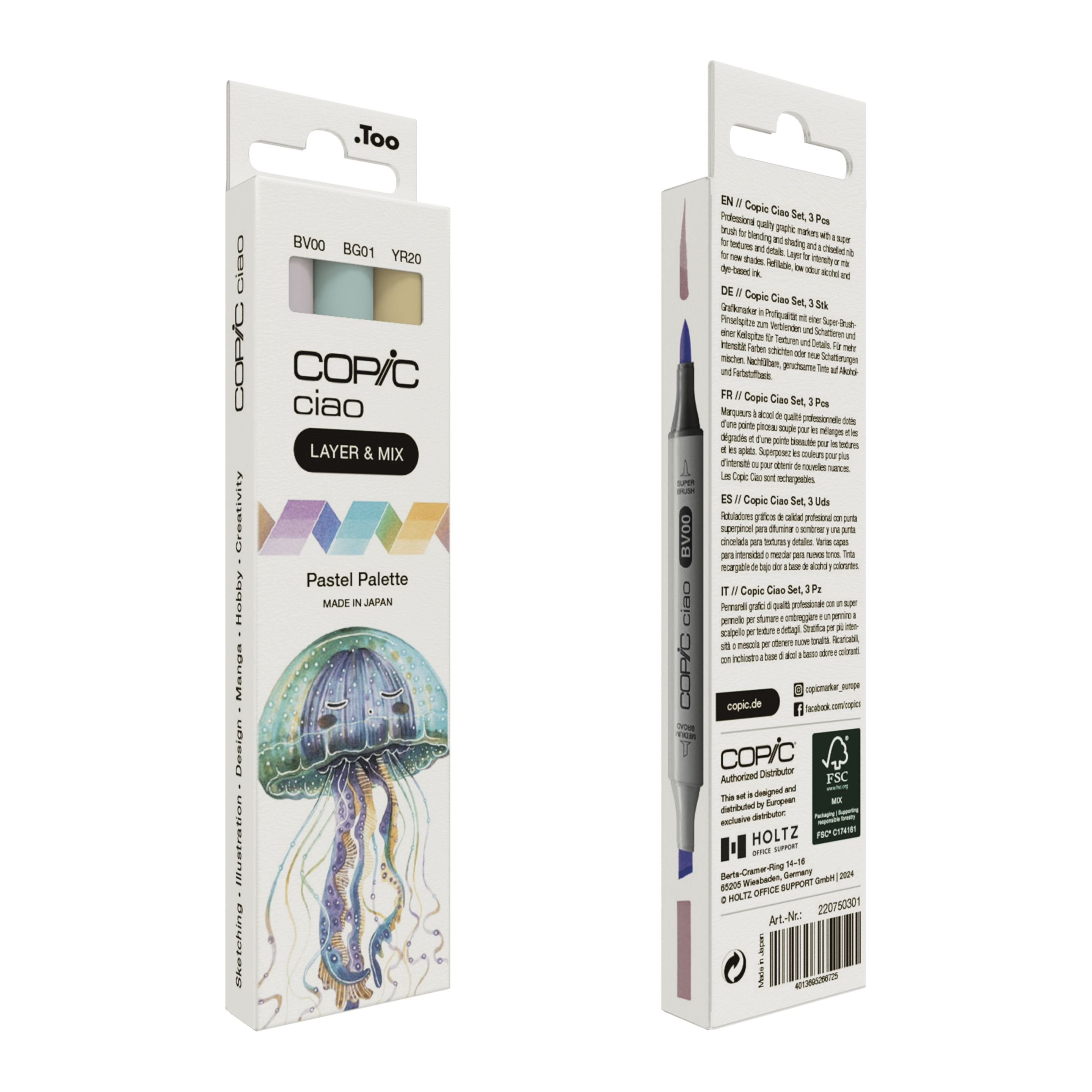 COPIC Ciao Pastel Palette Layoutmarker-Set 1,0 + 6,0 mm, 3 Stück Blau, Violett, Gelb