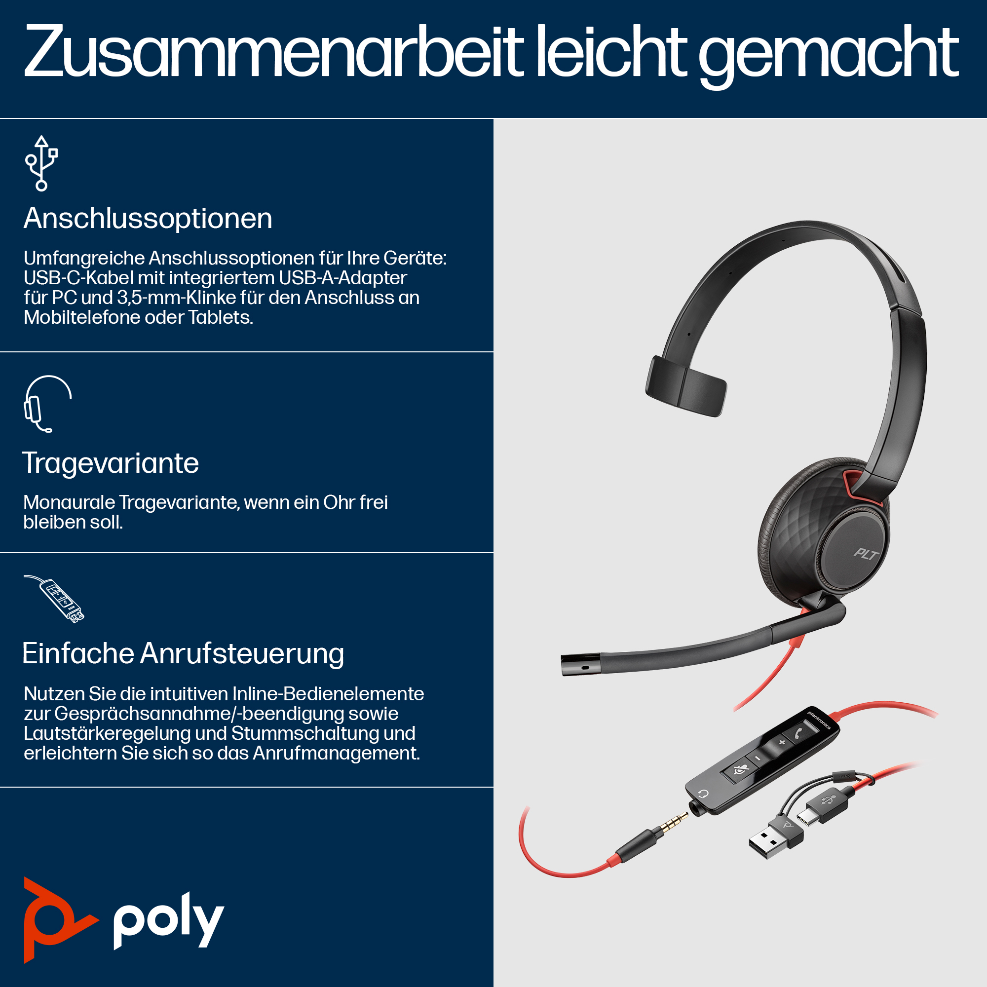 HP Poly Blackwire 5210 On-Ear Headset USB-C 3,5 mm Kabelgebunden Schwarz