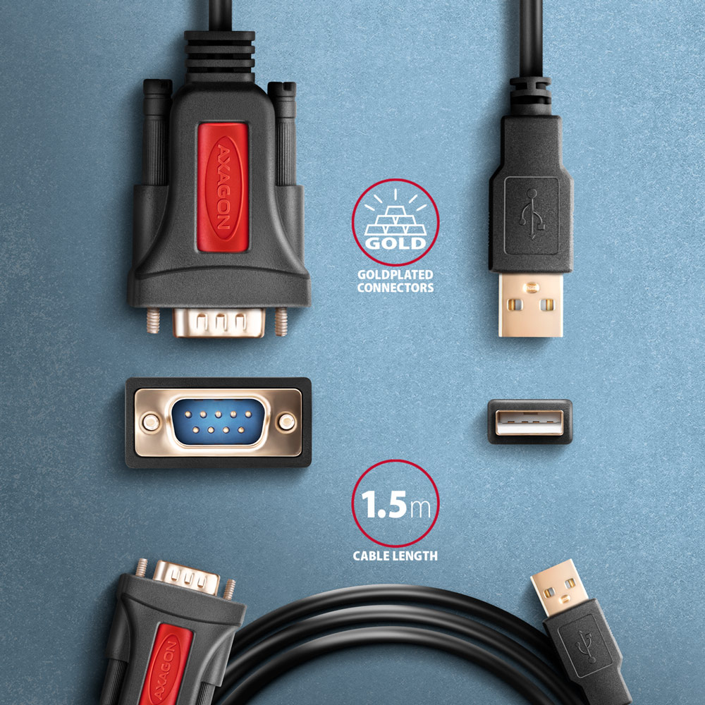 AXAGON ADS-1PSN USB-A auf Seriell RS-232 DB-9 Adapterkabel 1,5 m Schwarz