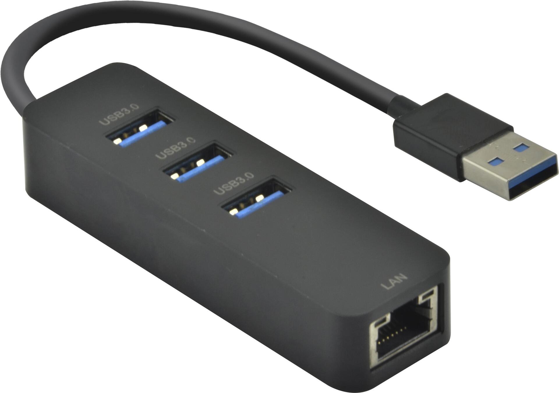 Helos HUB, USB-A 3.2 St. /3x USB-A 3.2+RJ45 Gigabit Ethernet, schwarz USB-A 3.2 HUB mit USB-A 3.2 St./3x USB 3.0 Bu. + RJ45 Gigabit Ethernet , robustes Gehäuse , CE-zertifiziert , 10/100/1000 Mbps , vergoldete Kontakte , Abwärtskompatibel , Farbe: schwarz (344446)