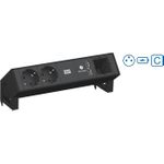 Bachmann DESK2 Steckdosenleiste Farbe: schwarz lackiert RAL9005 2xUTE 35° schwarz mit erhöhtem Berührungsschutz, 1xBlindfeld mit Bachmann-Aufdruck (Stromeingang rückseitig) 1x USB Doppelcharger 5,2V/2,15A, 1xCM Zuleitung: 0,2m H05VV-F 3G1,5mm² schwarz mit GST18i3 (902.603)