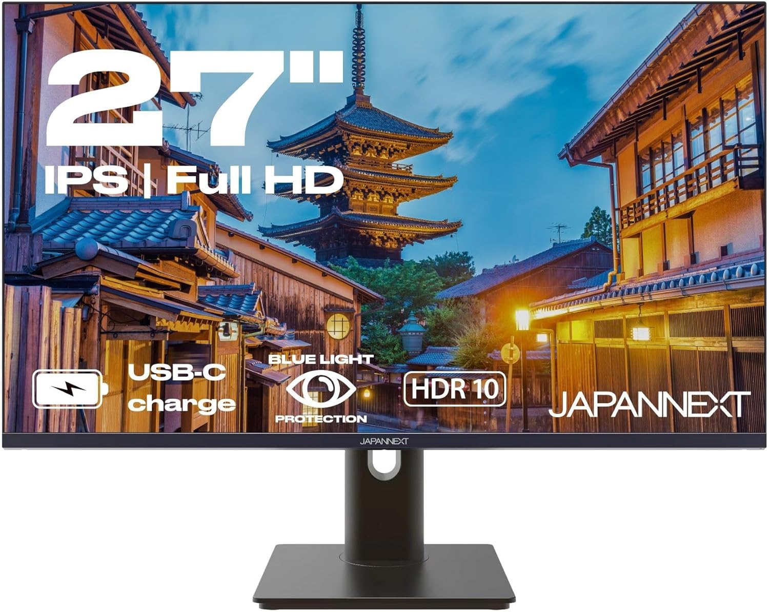 JAPANNEXT Monitor 27" IPS Full HD (1920x1080) | HDR | USB-C-Laden (65W) Höhen- & Neigungsverstellbar (HSP) Integrierte Lautsprecher | G-Sync/FreeSync (JN-IPS27FHDR-C65W-HSP)