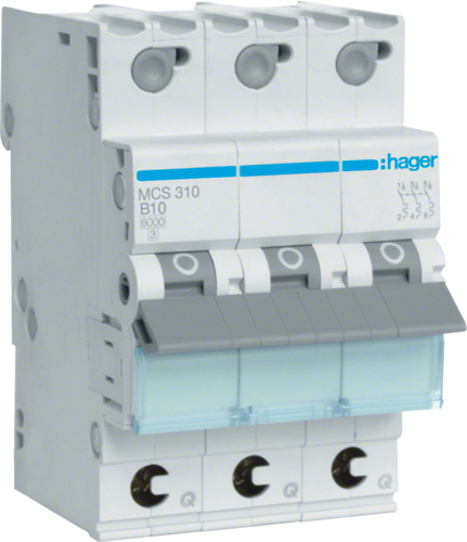 Hager MCS310. Nennstrom: 10 A. Typ: C-type, Module Menge (max): 3 Modul(e). Breite: 52,5 mm, Tiefe: 70 mm, Höhe: 83,4 mm (MCS310)